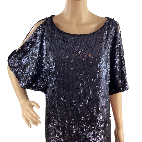 Aidan Mattox Navy Sequin Cold Shoulder Shift Dress Size 10 - Picture 2 of 7